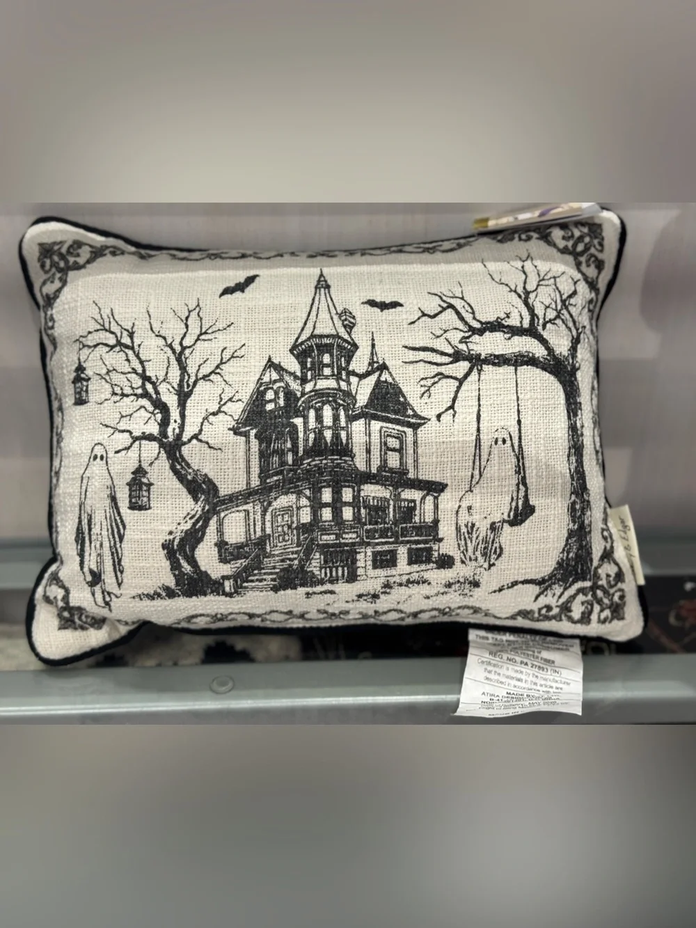 Haunted Victorian House Decorative Pillow - Black on Natural